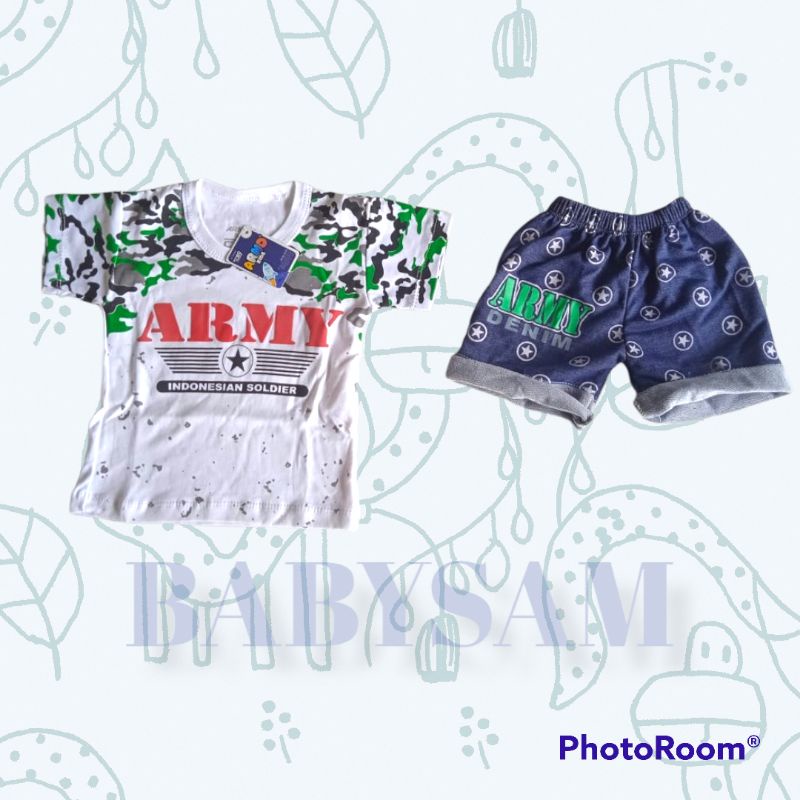 Setelan Celana Pendek Denim Baby Boy 0-18 Bulan Motif Army dan Racing || Pakaian Anak Bayi Kaos Anak Retro || Set Laki laki