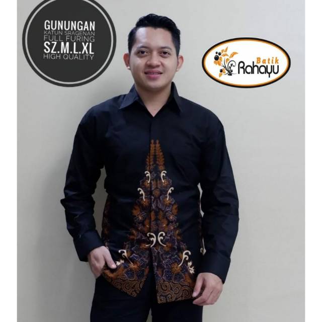 Kemeja Batik Pria Lengan Panjang GUNUNGAN Warna Hitam