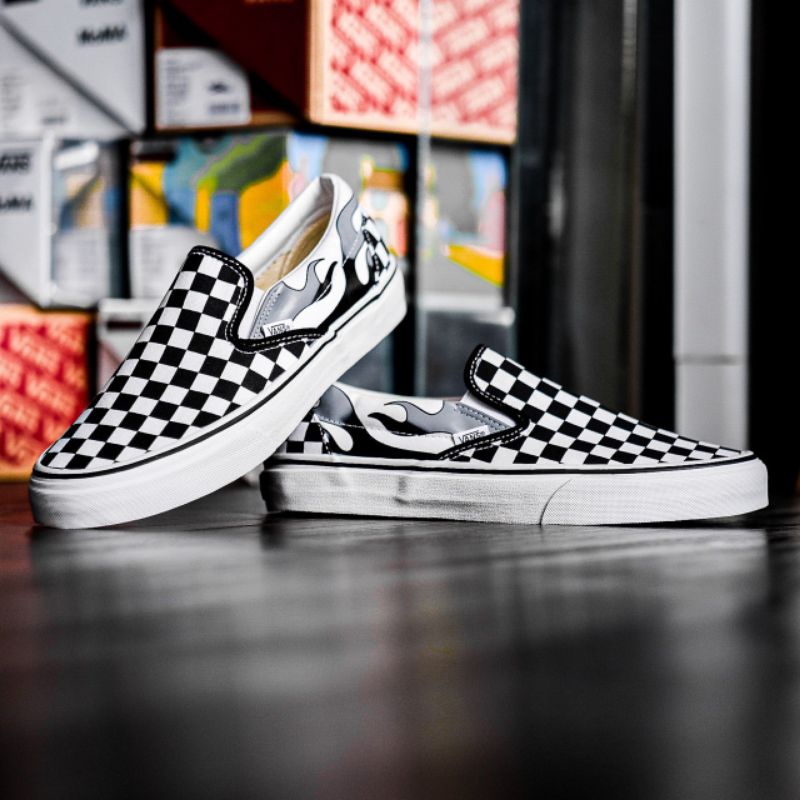 SALE  Vans Slip On Checkerboard Flame Black White Original - Vans Slipon Checkerboard Flame Black Wh