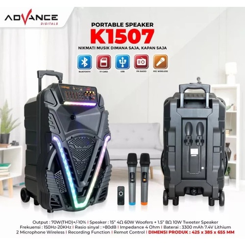 ADVANCE Speaker Portable Bluetooth 15 Inch K1507 / 2 Mic Wireless