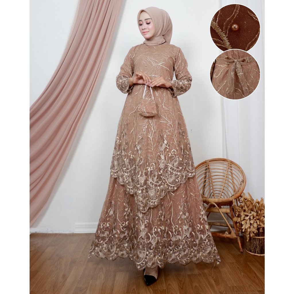 Permata Olshop / Kebaya Gamis Tingkat Runcing DJ / Gamis Pesta Mewah / Baju Gamis Pesta Wanita