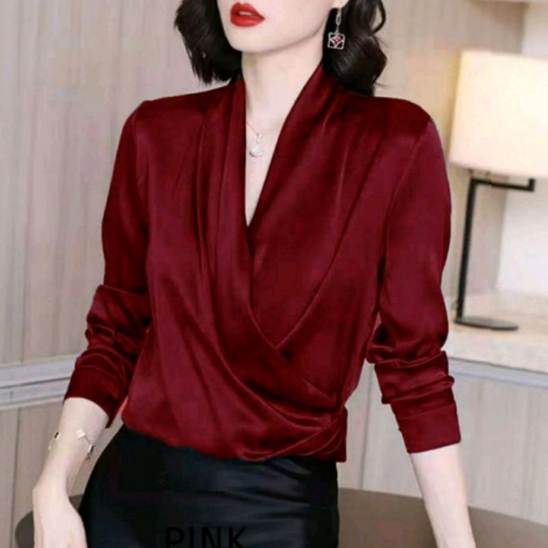 Baru Murah VIRGIANA Wrap Top Blus Lengan Panjang - Baju Atasan Bahan Silk Satin Import Polos Kualita