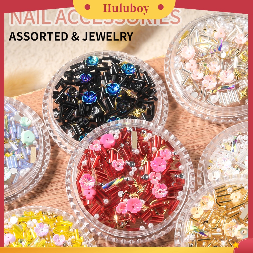 Huluboy Huluboy♡ 1 Kotak Ornamen Kuku 3D Bentuk Bunga Warna-Warni Untuk Wanita