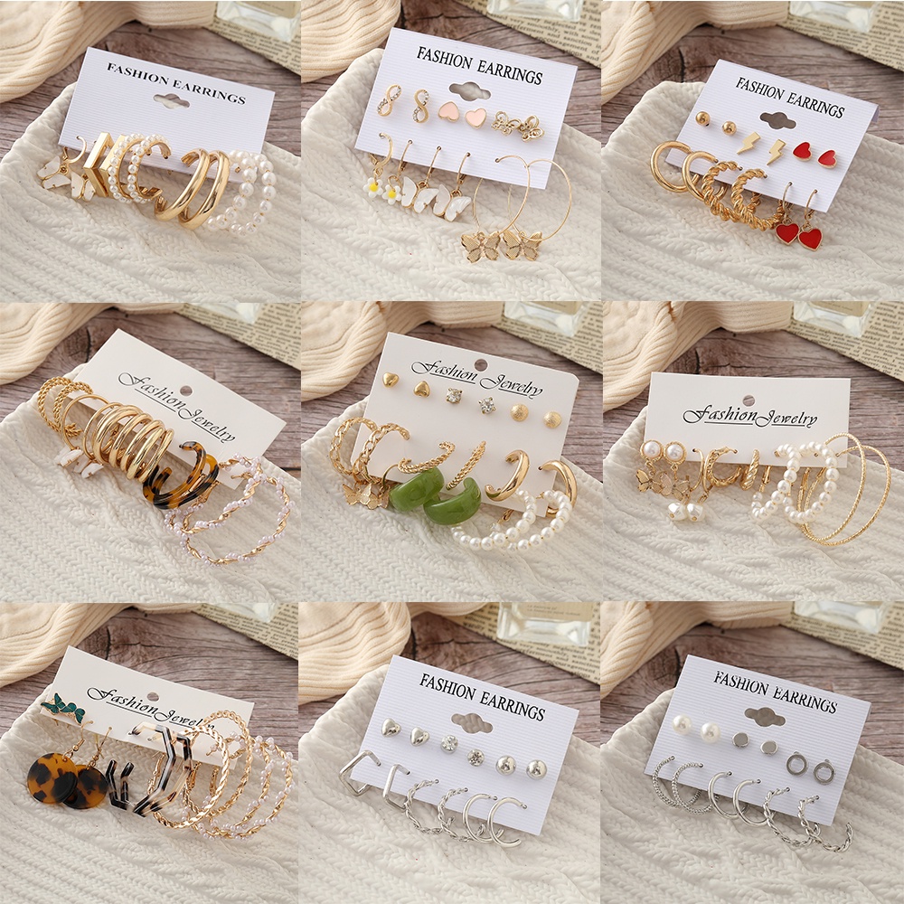 IFYOU 6 Pasang / Set Anting Tusuk Desain Kupu-Kupu Hias Mutiara Warna Gold / Silver Untuk Wanita