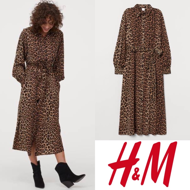 H&m hnm hm leopard printed maxi long dress with tie belt