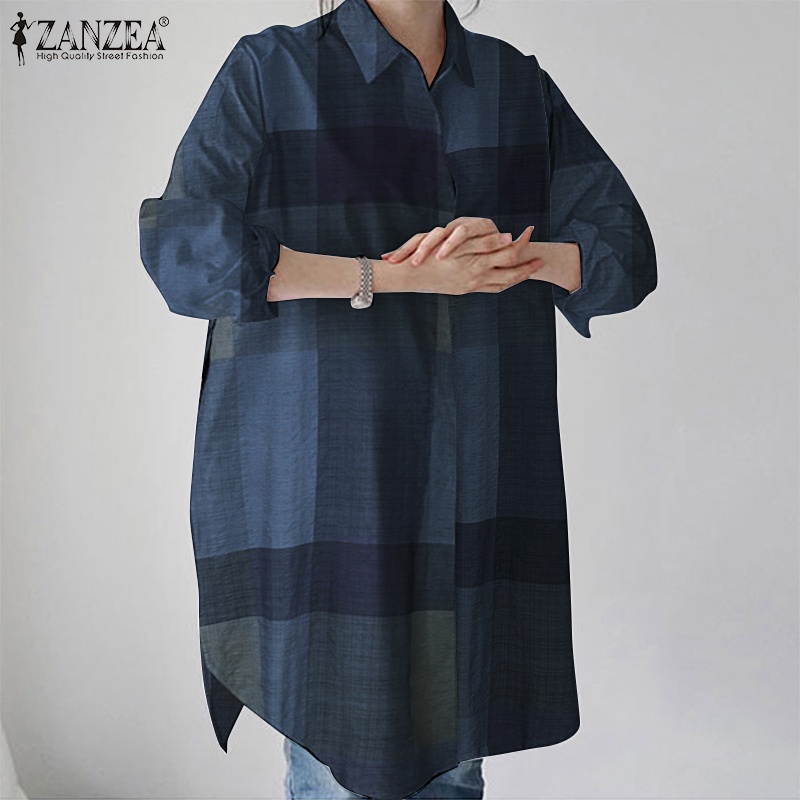 ZANZEA Women's Retro Casual Full Sleeve Plaid Printed Button Lapel Blouse