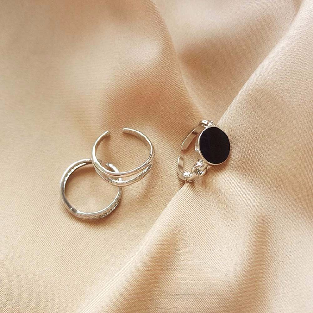 MXBEAUTY 3Pcs/set Women Rings Temperament Korean Style Joint Ring Set Party Jewelry Fashion Accessories Black Gem Rhinestone Geometric Metal Friend Gifts Opening Ring/Multicolor