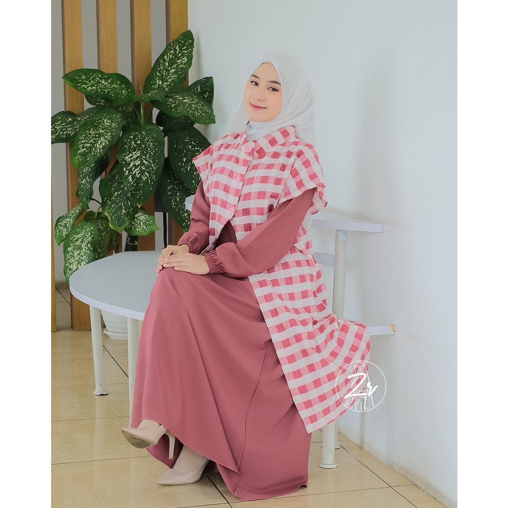 Gamis set outer klarissa ori zr lebaran series motif kotak kotak cantik elegant korea style