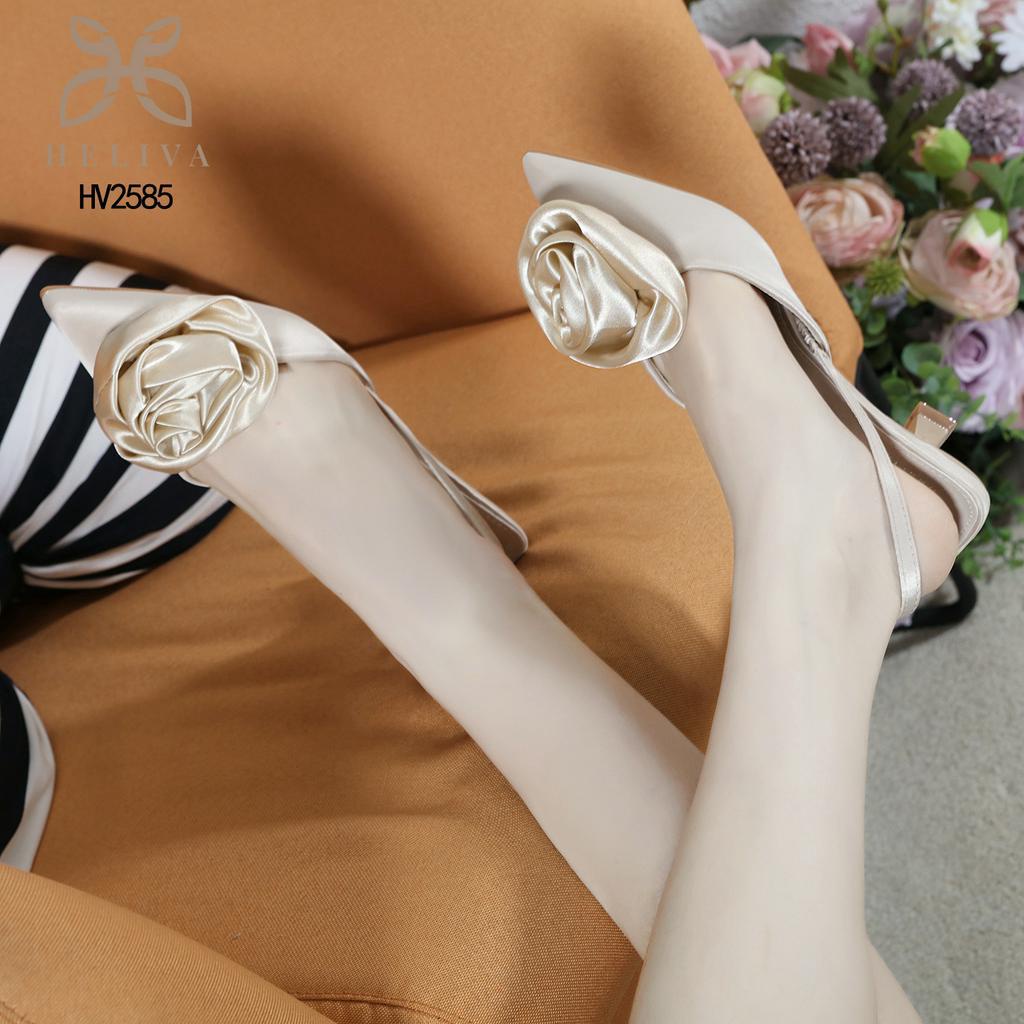 ARIANA HELIVA Sepatu Sling Back Hak Sedang 4,5cm Motif Bunga Mawar Flower Rose Bahan Kulit Satin Halus Sepatu Pesta Ujung Lancip Wedding Nikah Kondangan HV2585 Original Brand