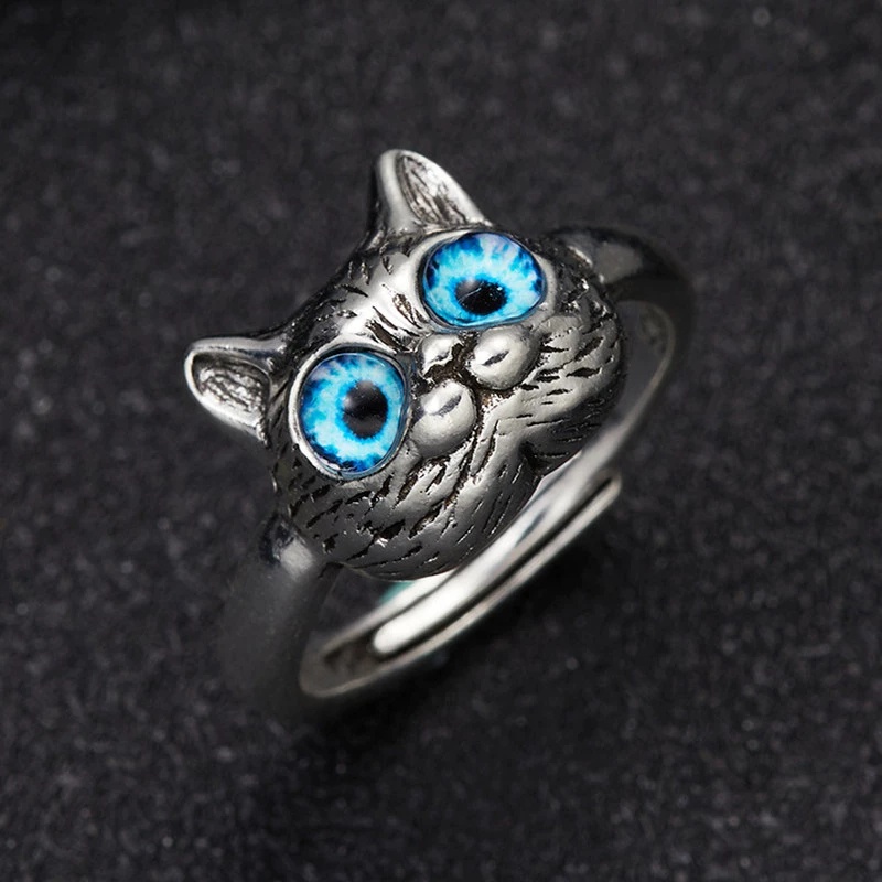 Cincin Model Terbuka Adjustable Desain Mata Kucing Biru Gaya Vintage Punk Gothic Untuk Unisex