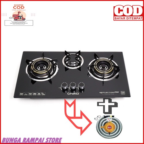 SATU PAKET KOMPOR 3 TUNGKU TANAM KACA NIKO REF PRO PHANTOM+SELANG RUGOLATOR SNI