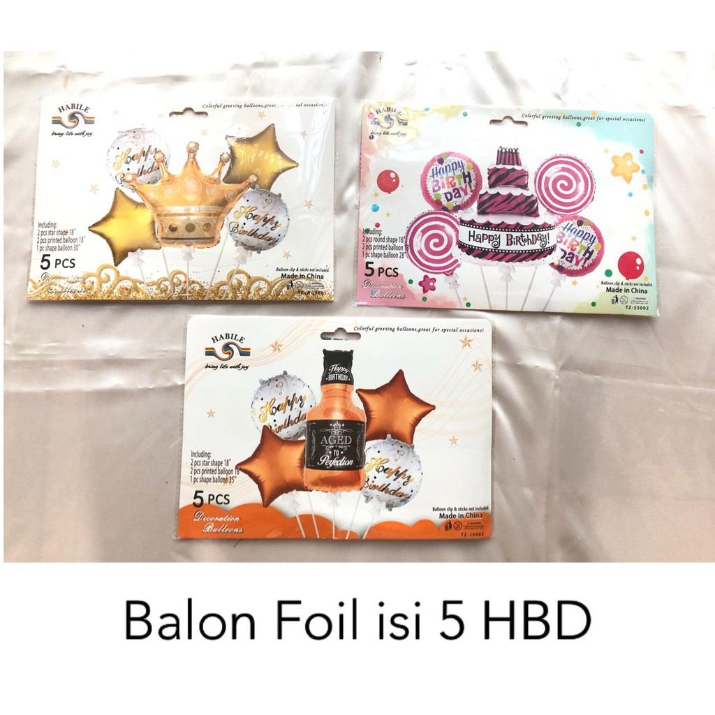 Balon Foil Happy Birthday isi 5pcs Kue, Botol Whiskey, Crown Mahkota/ Dekor Ultah/ Balon Party