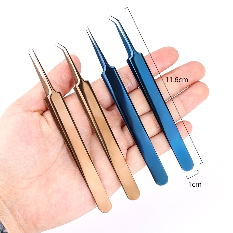 Pinset Stainless Steel Emas Biru Ekstensi Bulu Mata Pinset Mengatur Tip Tipis