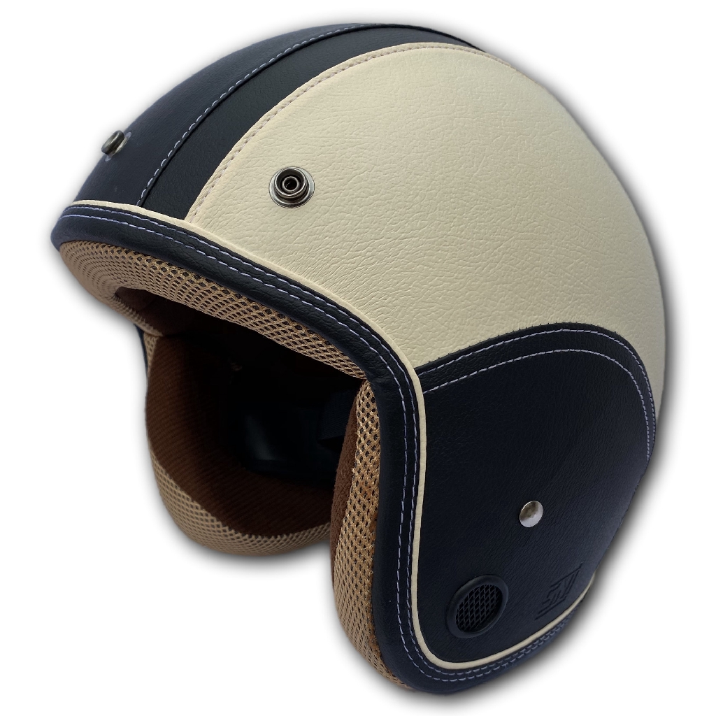 SNI Helm Retro Kulit Exclusive / Helm Half Face Motor Bukan Bogo - Cream Black (Helmet Dewasa COD)