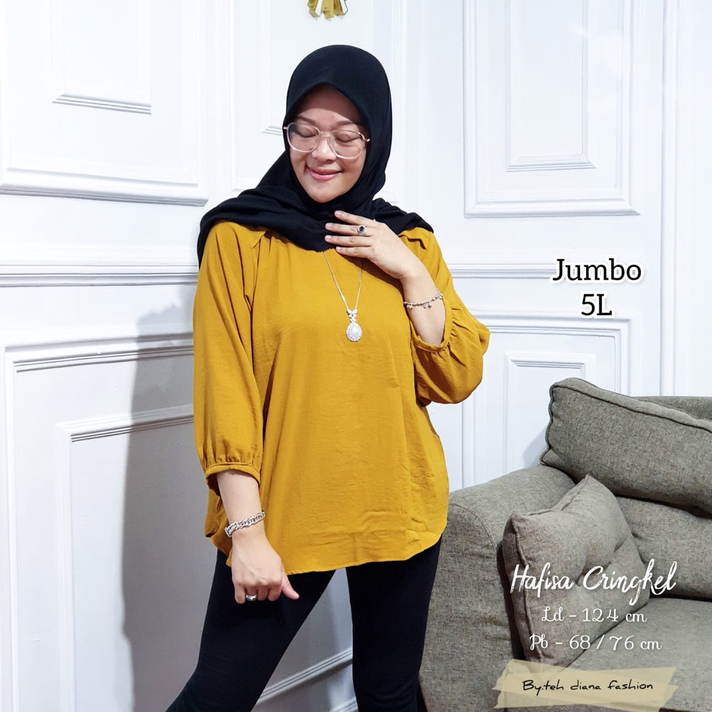 Atasan Wanita Jumbo / Baju Atasan Wanita Jumbo / Blouse Wanita Jumbo Import Hafisa Crinkle Polos Import Ld 124-Mustard