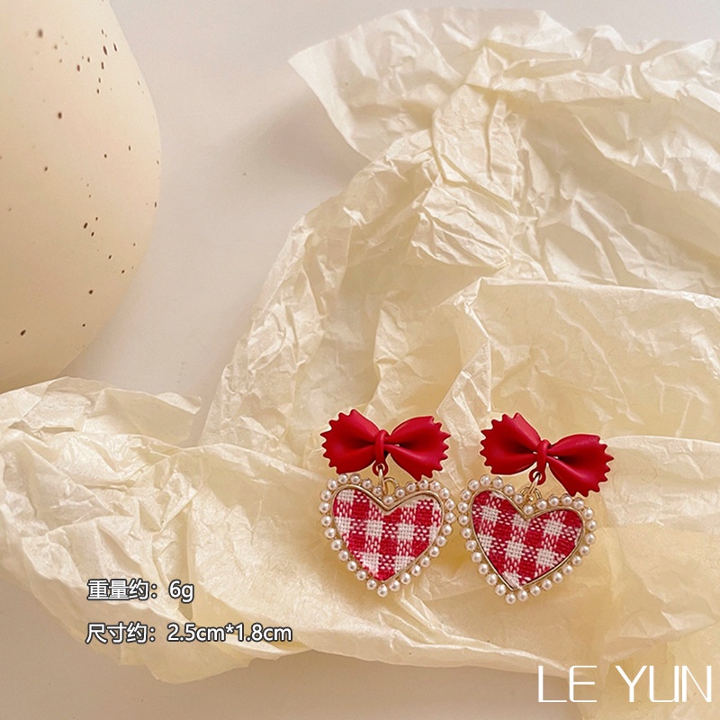 Lattice Love Bowknot Earrings Fashion Pearl Earrings Temperament Peach Heart Earrings Japanese and Korean Jewelry