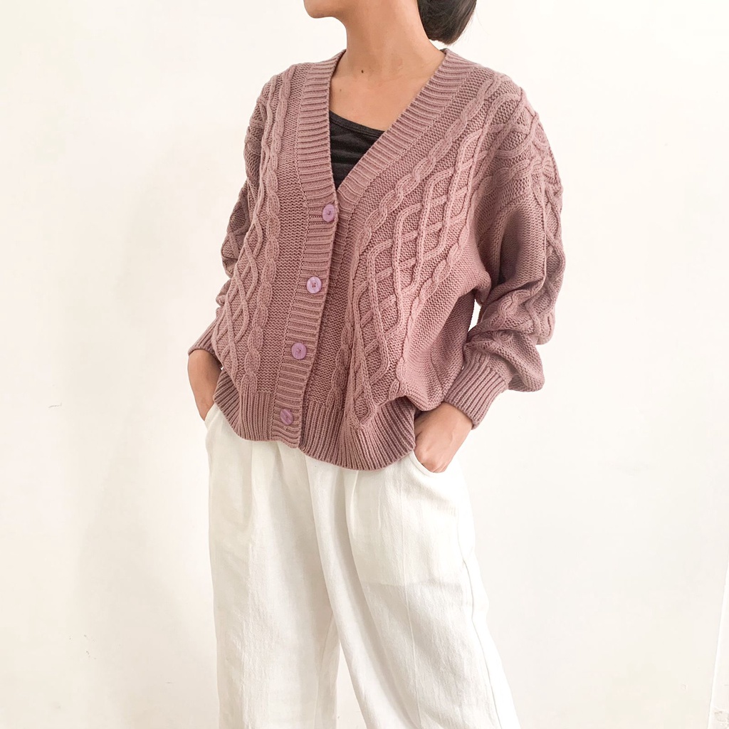 Vintage House Cross Crop Cardi (Cardigan Rajut Cable Wanita Korea / Korean Cardigan)-Violet