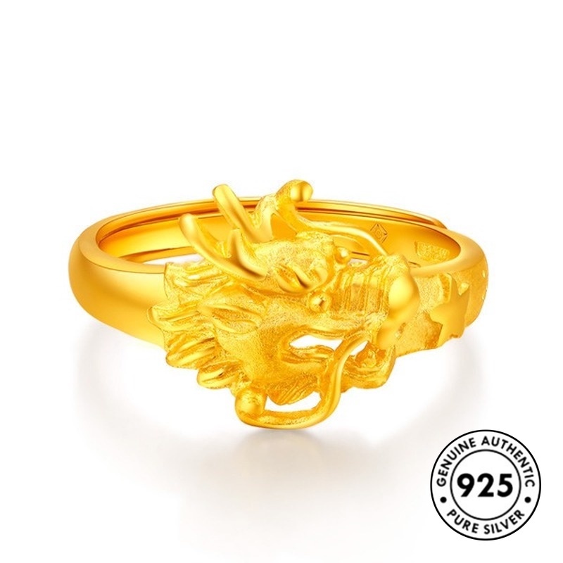 Cincin Pasangan Lapis Silver S925 Motif Naga + Burung Phoenix Untuk Pria / Wanita