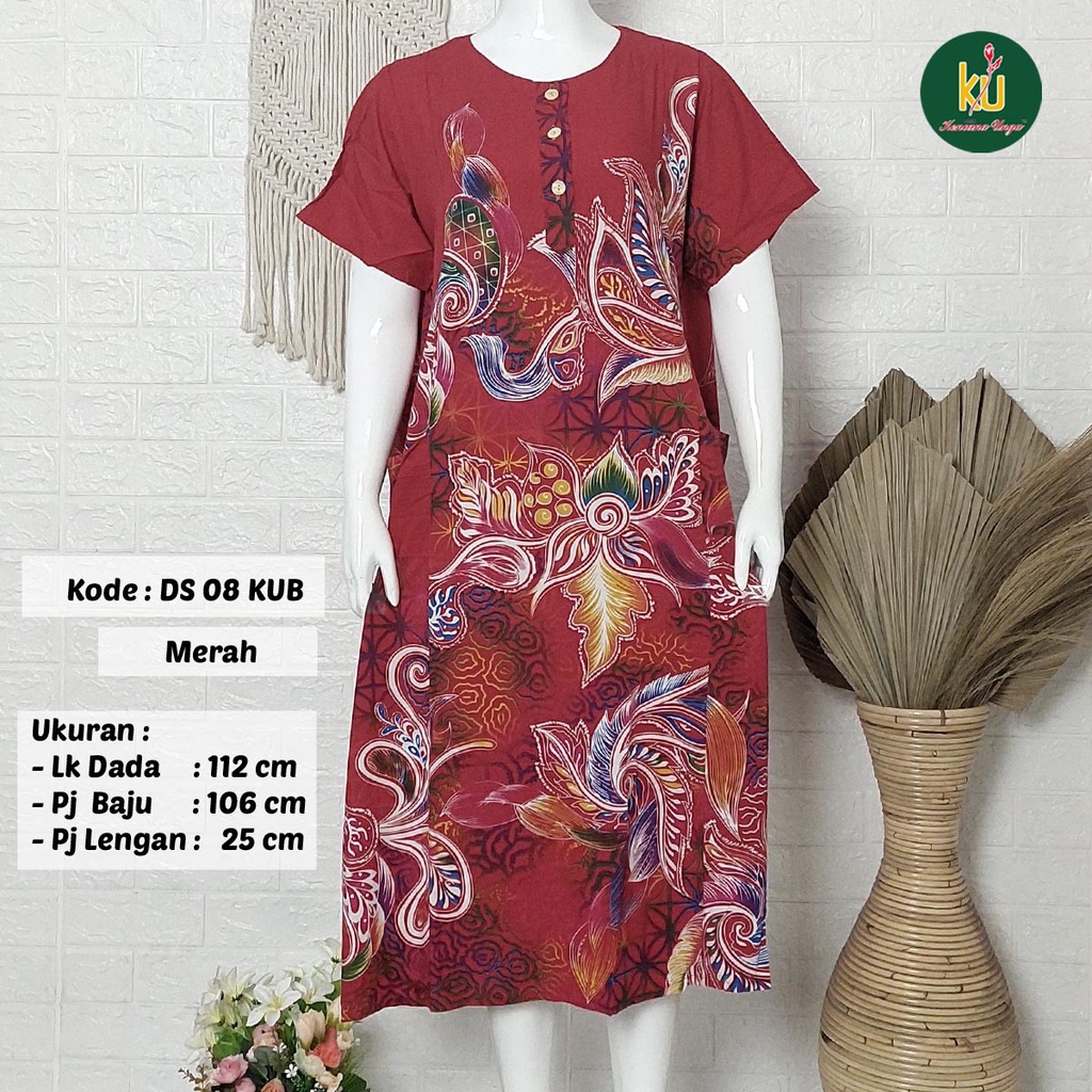 Bisa COD DS08 KUB | Daster Batik Kencana Ungu Asli Label Biru | Baju Santai Tidur Wanita Dewasa Kancing Depan Busui Friendly Motif Terbaru-Merah B