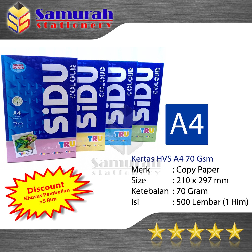 

Kertas HVS Sinar Dunia A4 70 Gsm Warna / Kertas SIDU A4 Warna 70 Gram / Merah / Kuning / Biru Hijau