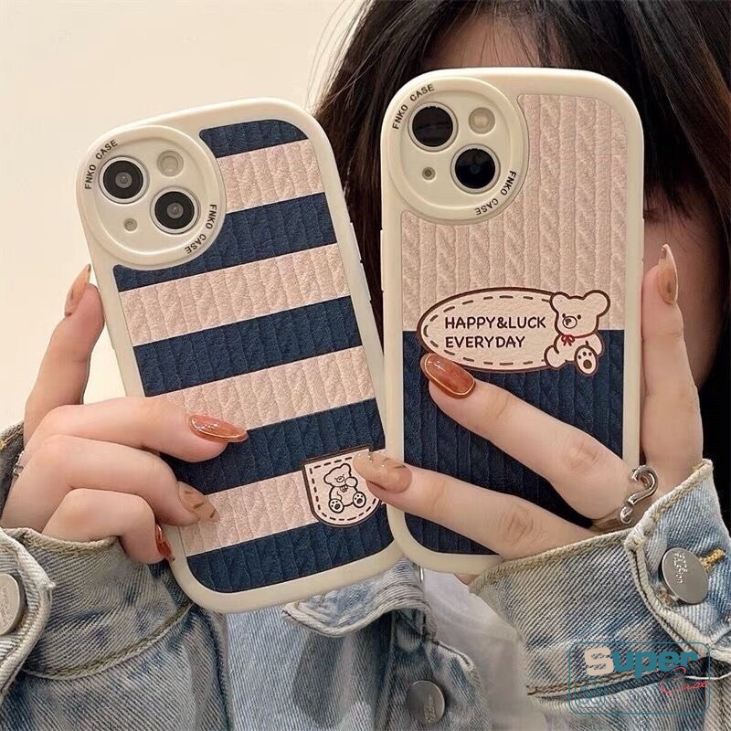 Casing Redmi 12C A1 10 9A 9 9T 10C 9C Redmi Note 11Pro 10s 10 Pro 11 11s 8 9 9s 9pro Mi POCO F4 X3 Pro POCO M3 X3 NFC Motif Kartun Beruang Rajut Garis Jahitan TPU Soft Cover