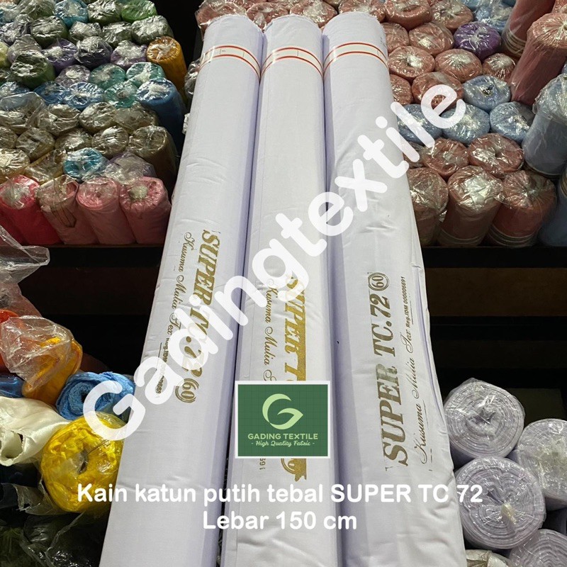 ( per 1 roll ) Kain tetoron katun polos jepang putih tebal SUPER TC 72 lebar 150 cm isi 54 meter bahan baju kemeja hem atasan seragam sekolah kerja kerudung jilbab hijab background backdrop foto mori kafan layar tancap taplak meja tirai hordeng gorden