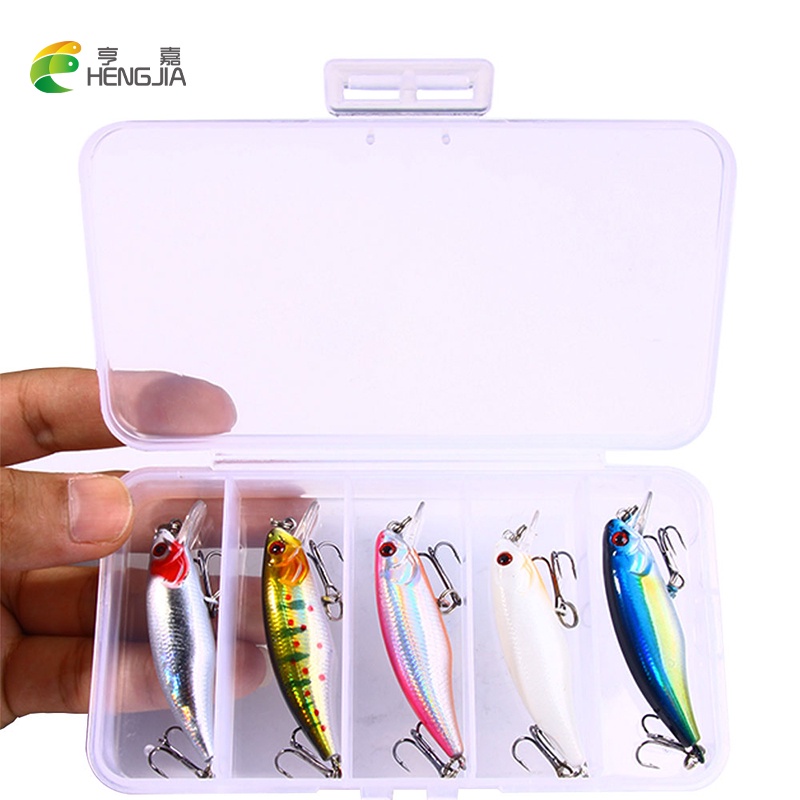 Hengjia 5pcs Umpan Pancing Ikan Minnow 3D 6cm / 4.3g Bahan Plastik Dengan 2 Kail