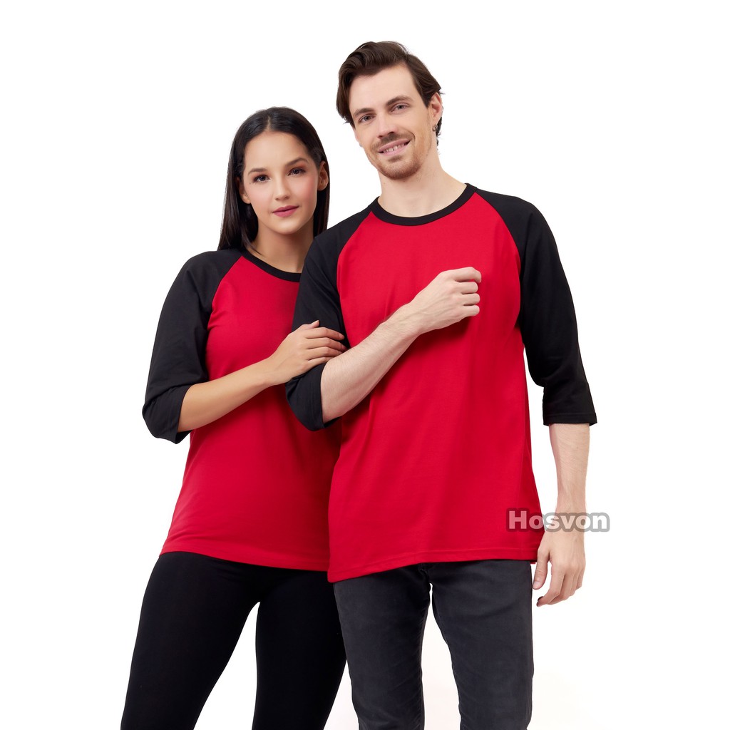 MERAH - HITAM Raglan Lengan 3/4 COTTON COMBED 20s (PRIA &amp; WANITA)