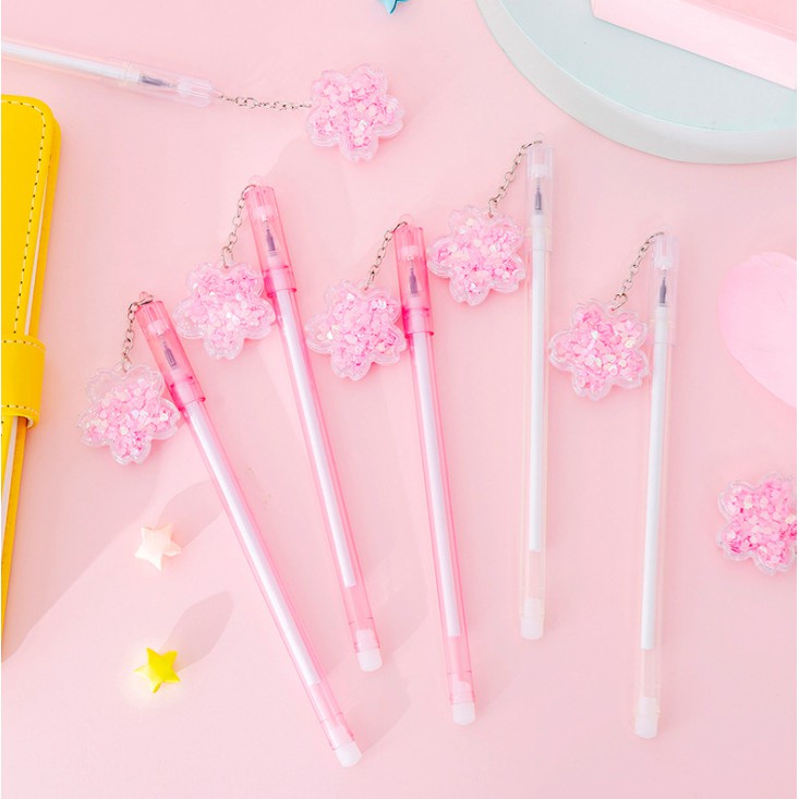 Pulpen Gel Desain Bunga Sakura Quicksand Sequin Untuk Stationery Sekolah / Kantor