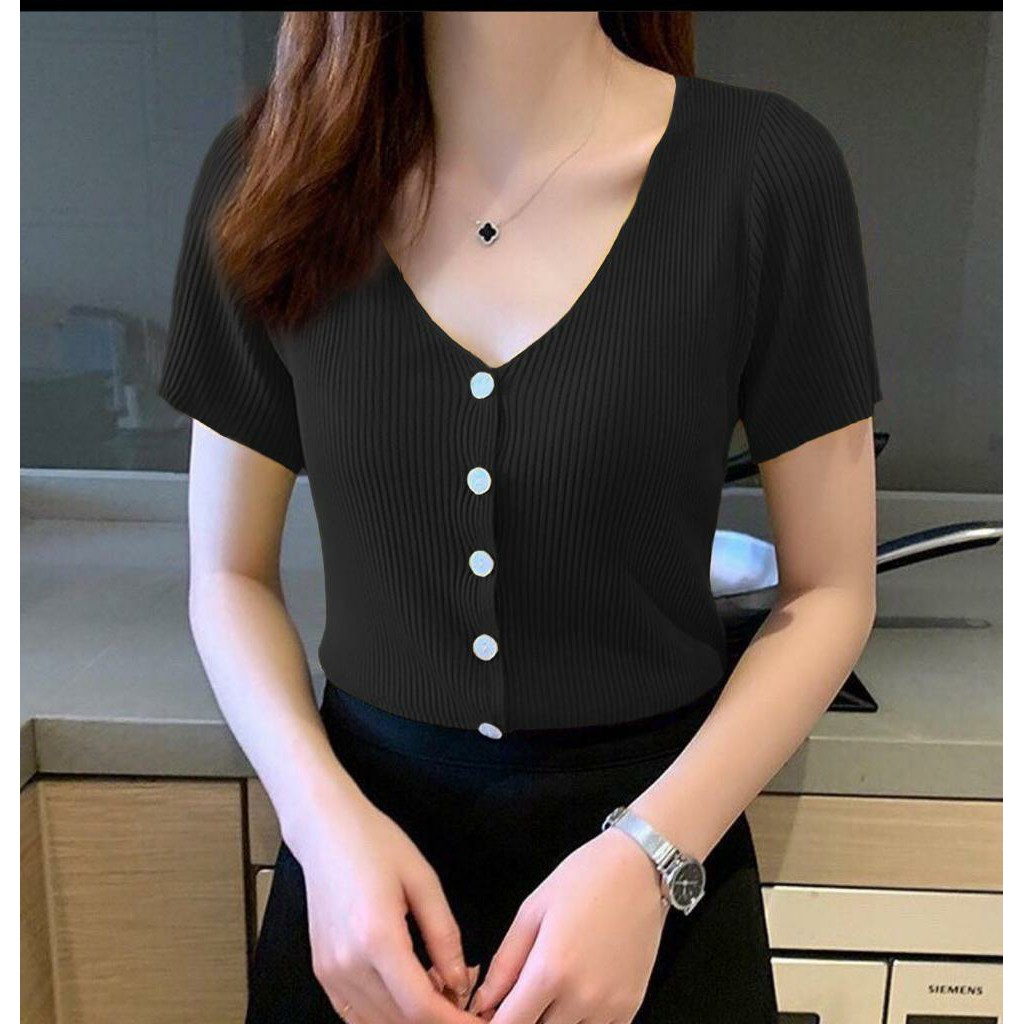 TA9 V Button Rajut / Blouse Rajut Murah