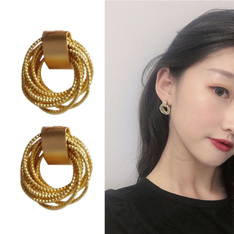 SIY  1 Pair Golden Metal Multi-layer Circle Winding Geometric Round Small Stud Earrings for Women Girl Party Fashion Jewelry