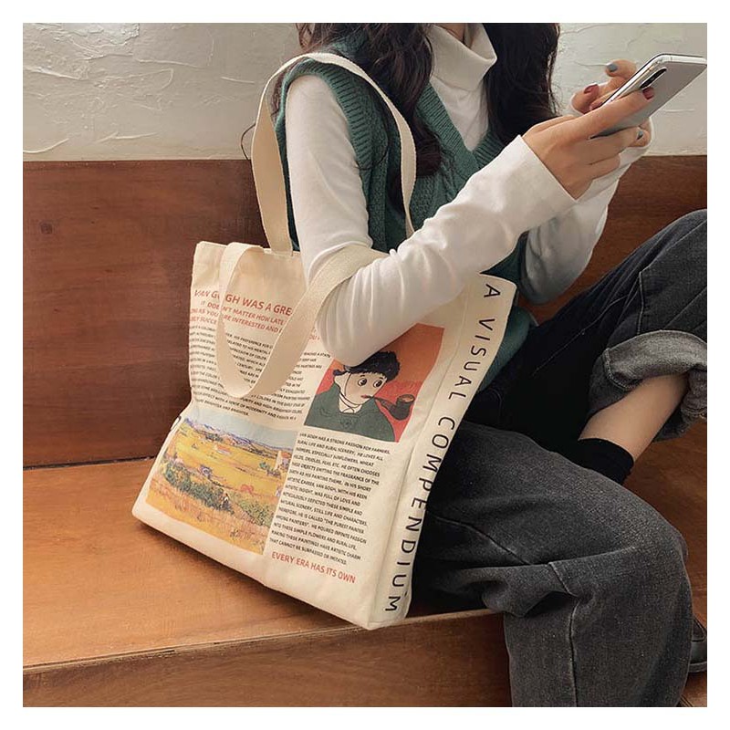 TC-03 tas canvas tote bag wanita import korea jepang simple besar van gogh