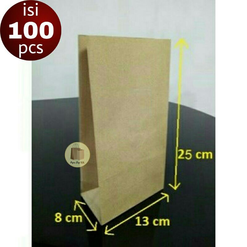 

Paperbag Kantong Kertas Kraft Coklat L 13x8x25 cm (isi 100 pcs)