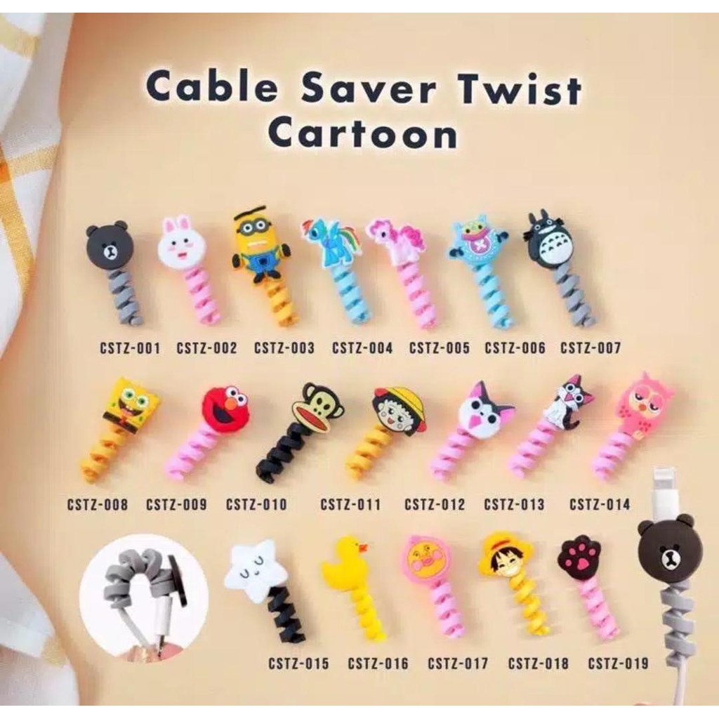 CABLE SAVER TWIST Spiral Kabel Motif Kartun Pelindung Ujung Karakter Cartoon Charger Handphone Hp