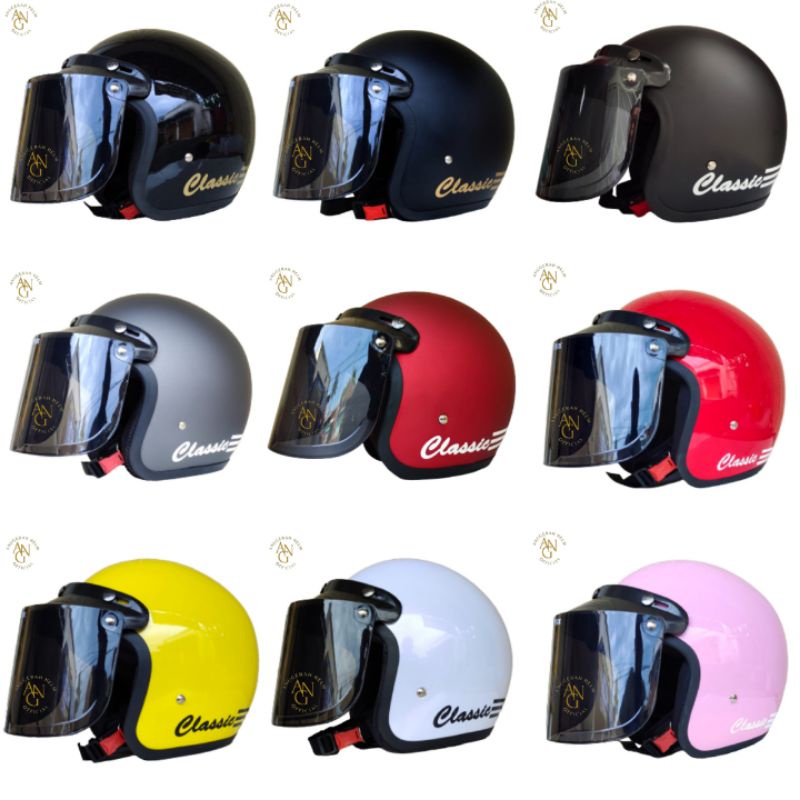 HELM BOGO DEWASA CLASSIC GARIS TIGA KACA DATAR