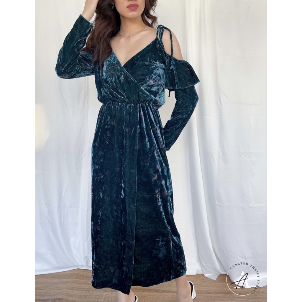 ZARA TRAFALUC Velvet Midi Dress in Emerald Green