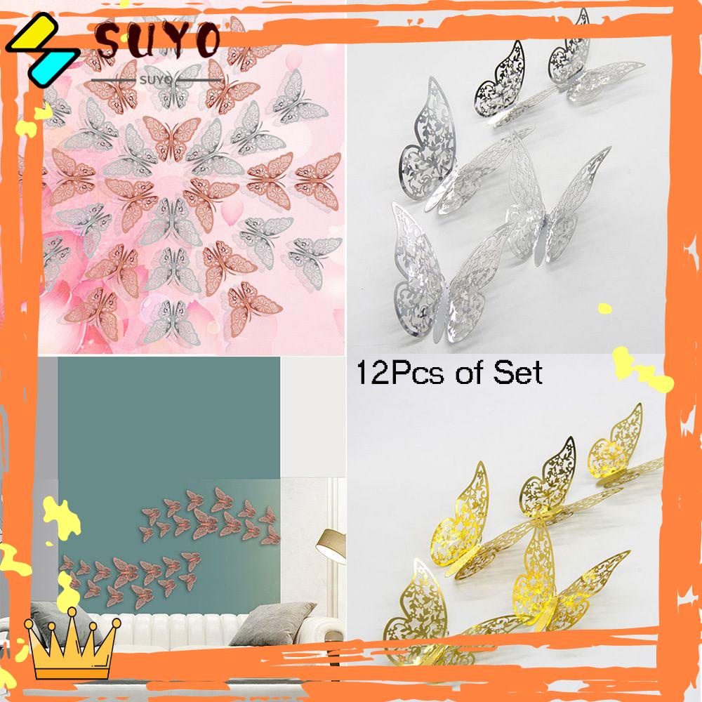 Suyo 12PCS / Set Stiker Dinding Kupu-Kupu 3D 3 Ukuran Untuk Dekorasi Kamar Tidur / Mandi Anak Perempuan