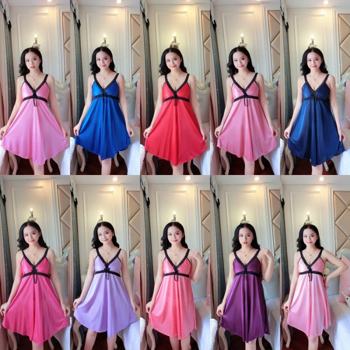 Lingerie Sexy Women Silk Satin Nightdress Aksen Renda Hitam Daster Import 133