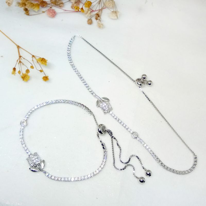 Gelang Serut Bunga Perak 925 Lapis Mas Putih - GT099 Anak Remaja Dewasa