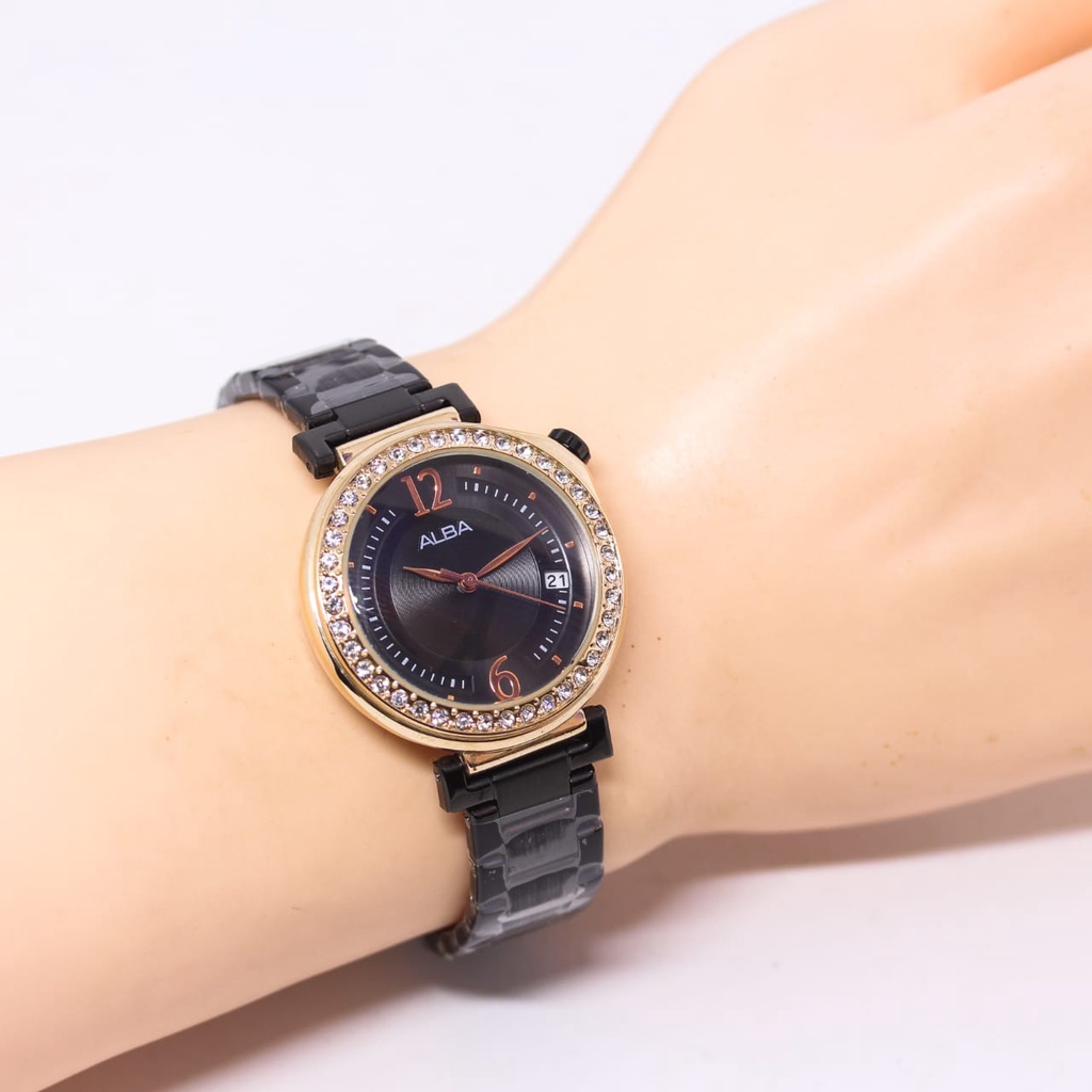 Jam Tangan Wanita Fashion Alba E1853V Tali Rantai Tanggal Aktif Free Box &amp; Baterai