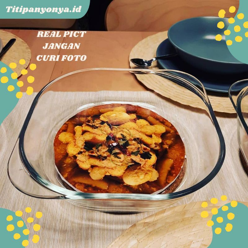 Piring Saji Oven Microwave Prasmanan Kaca Bening Tahan Panas, Ukuran 24.5x24.5x6 cm