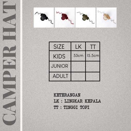 CAMPER HAT - Promo 8.8 Topi Basic Tali Anak Kids Cowok Cewek Laki Perempuan Unisex Kotak Lucu Murah Polos1