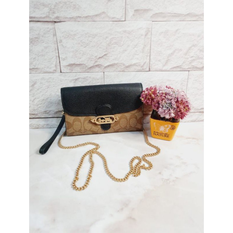 tas slempang wanita elegan black gold coach chain crossbody original import