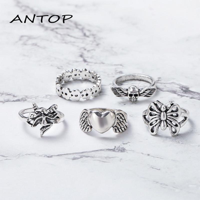 5pcs / Set Cincin Model Terbuka Desain Kerangka Kupu-Kupu Hati Hollow Out Gaya Vintage