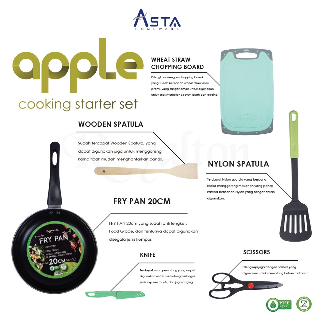 Asta Apple Royalton Panci Frypan 20 CM Spatula Nylon Kayu Gunting Buah Pisau Talenan telenan Set