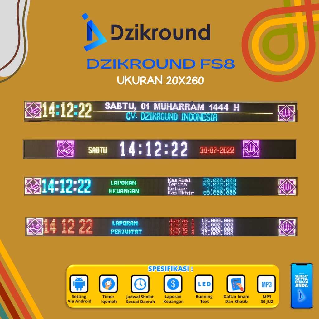 DZIKROUND FS8 Jam digital jadwal sholat masjid running texT timer iqomah Fullcolour 20x265 Garansi R