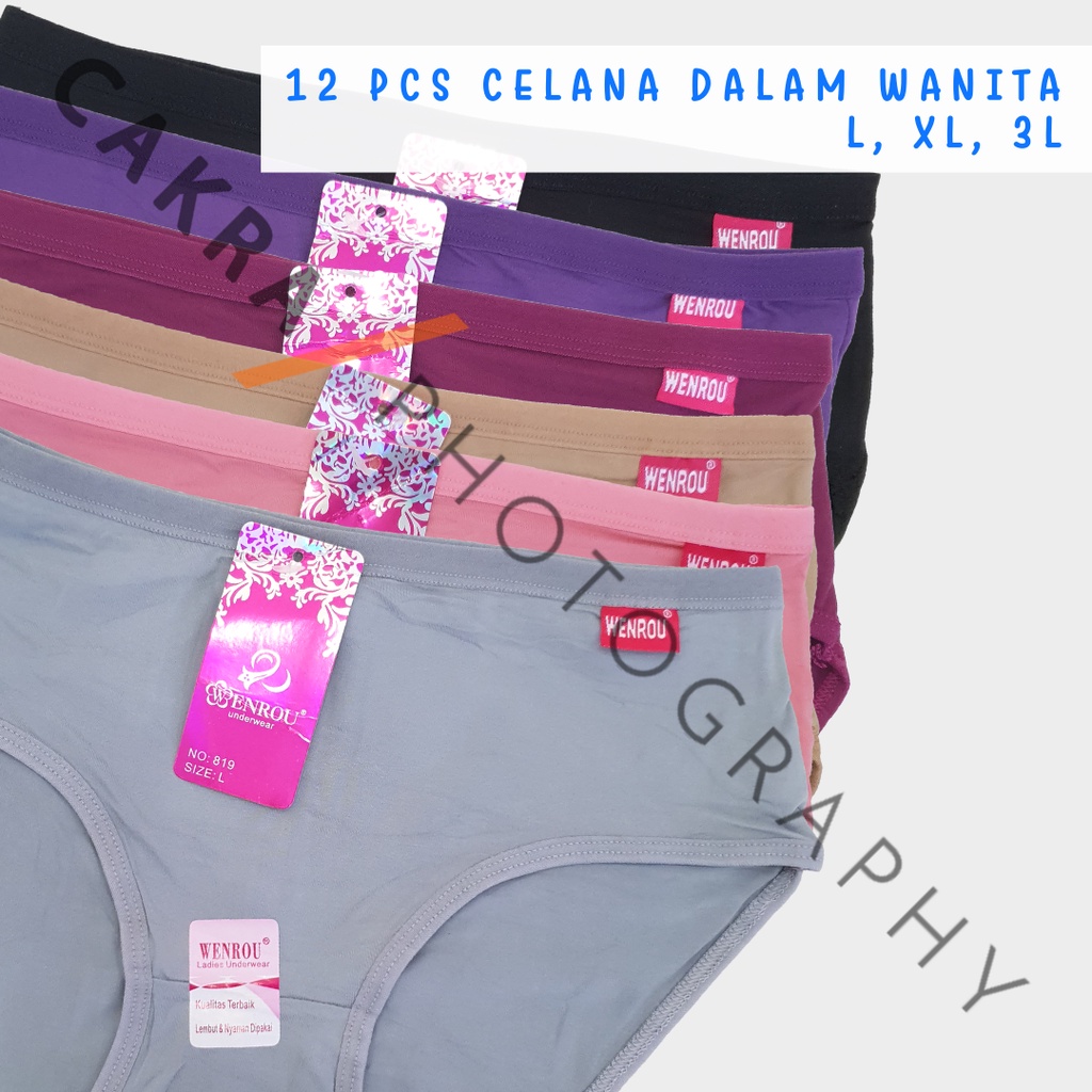 CG 12pcs Cd Celana Dalam Wanita Polos Wenrou 819 Lusinan Kolor Wanita Sempak Cewek Ukuran L, XL, 3L 