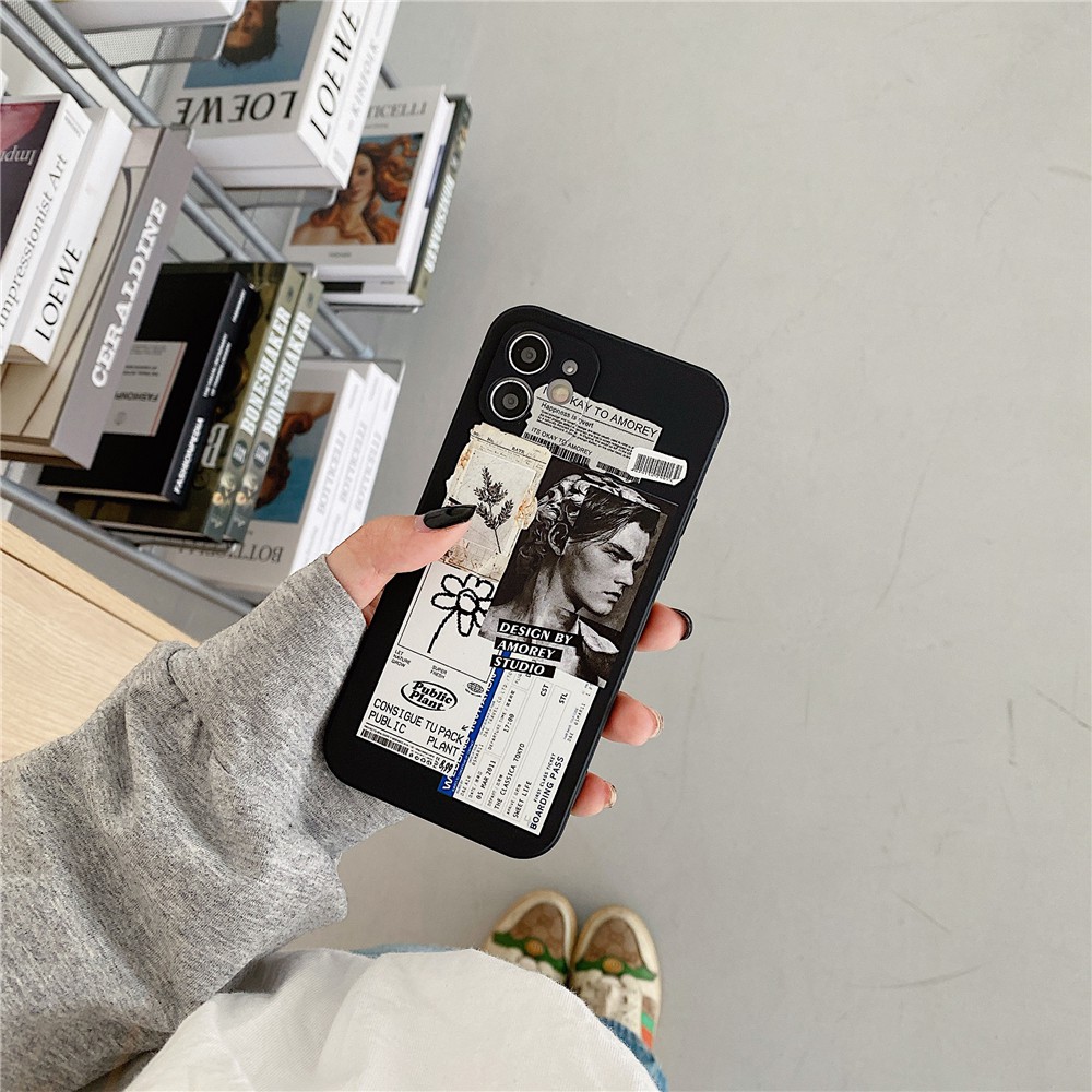 Patung antik label tren Metal Square Phone Case IPhone 12 11 Pro Max X Xs Max XR 6 6s 8 7 Plus Shockproof Soft TPU Cover-6