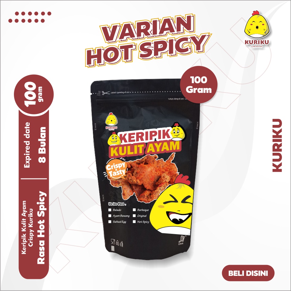 

Keripik Kulit Ayam Kuriku Hot Spicy / Kripik Kulit Ayam / Cemilan / Makanan 100gr