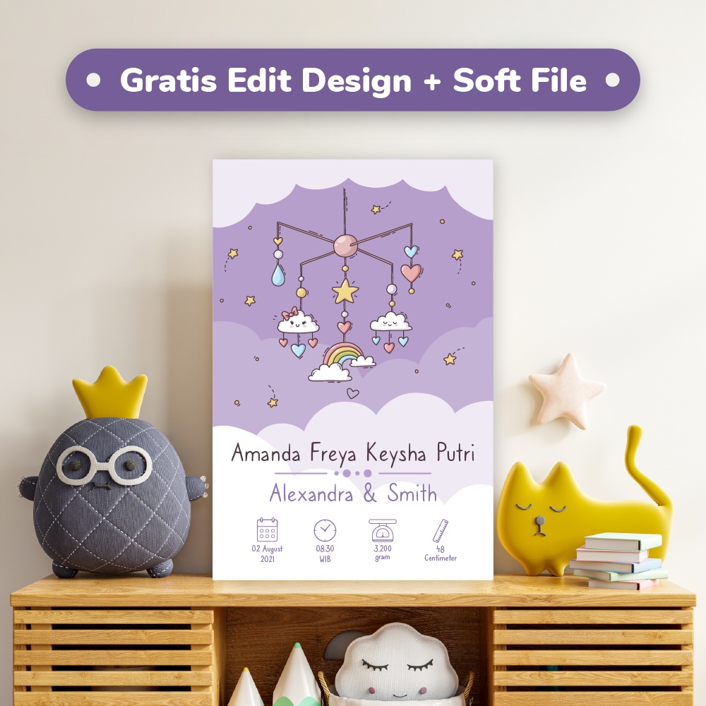 Hiasan Dinding Dekorasi Dinding Biodata Anak Bayi Perempuan Custom Kamar Tidur Bayi Cewek Kado Hadia